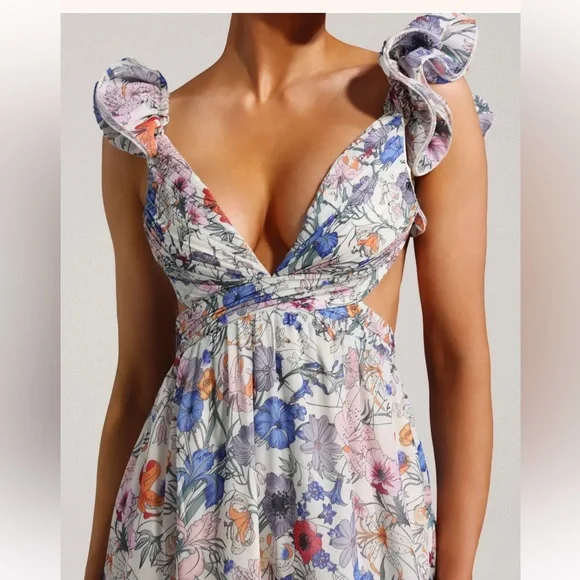 NWT Sunfere Floral Cut Out Maxi Dress Size Medium Lace Up Back Ruffles Flowy - Picture 9 of 14